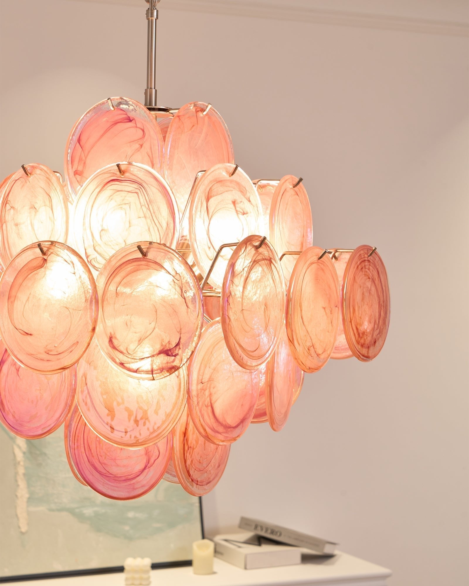 Aurora Chandelier Pink Glass Disc Layered Romantic-Neutral Decor