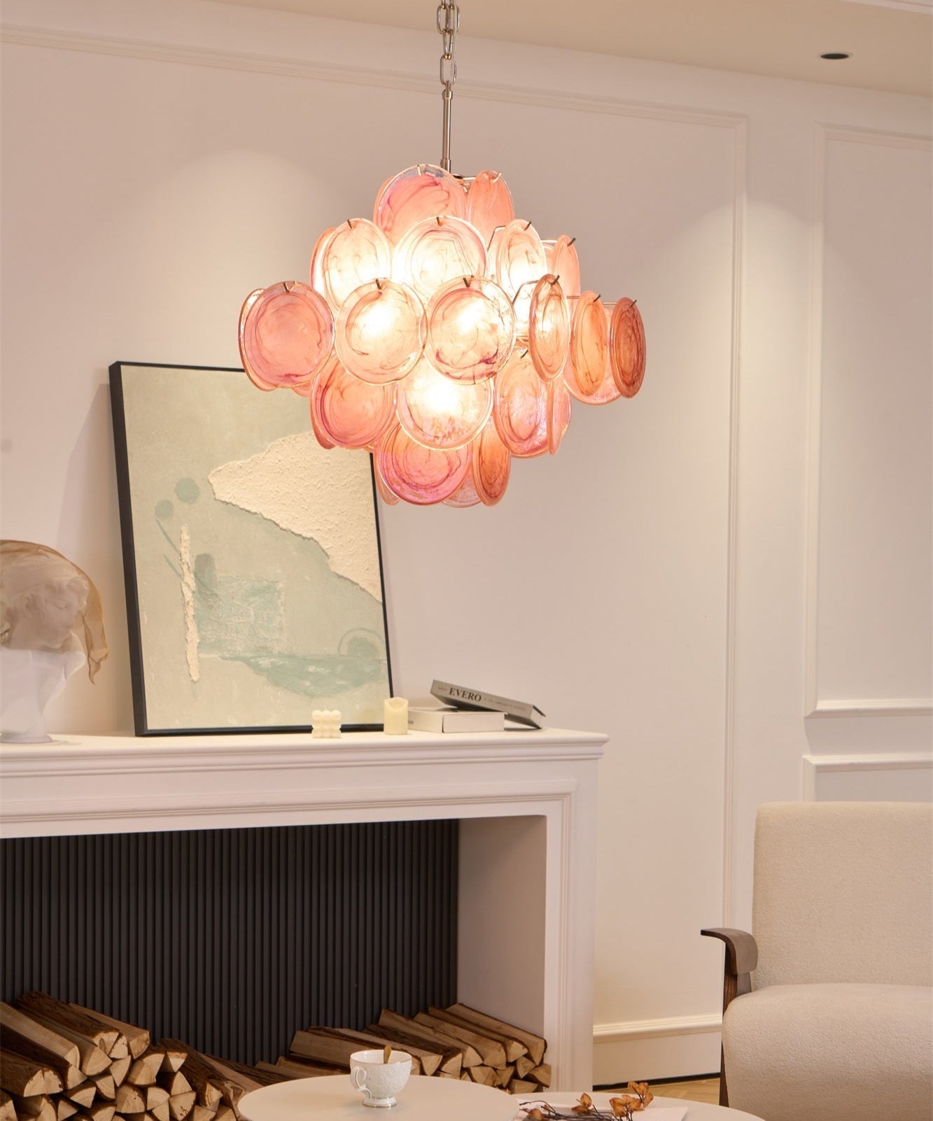 Aurora Chandelier Pink Glass Disc Layered Romantic-Neutral Decor