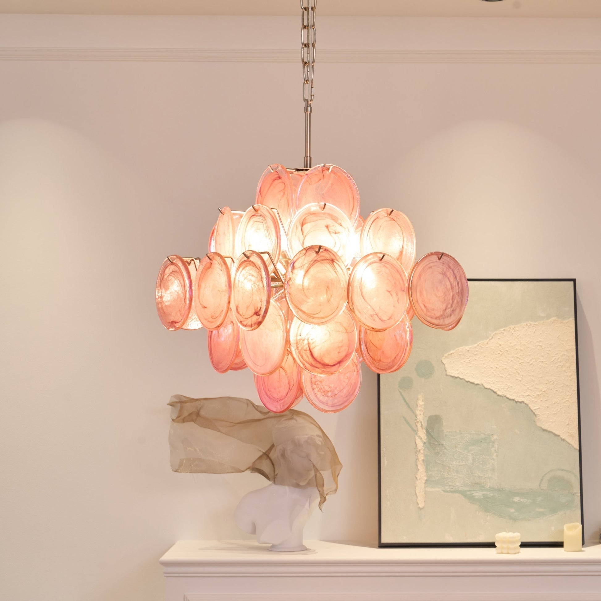 Aurora Chandelier Pink Glass Disc Layered Romantic-Neutral Decor