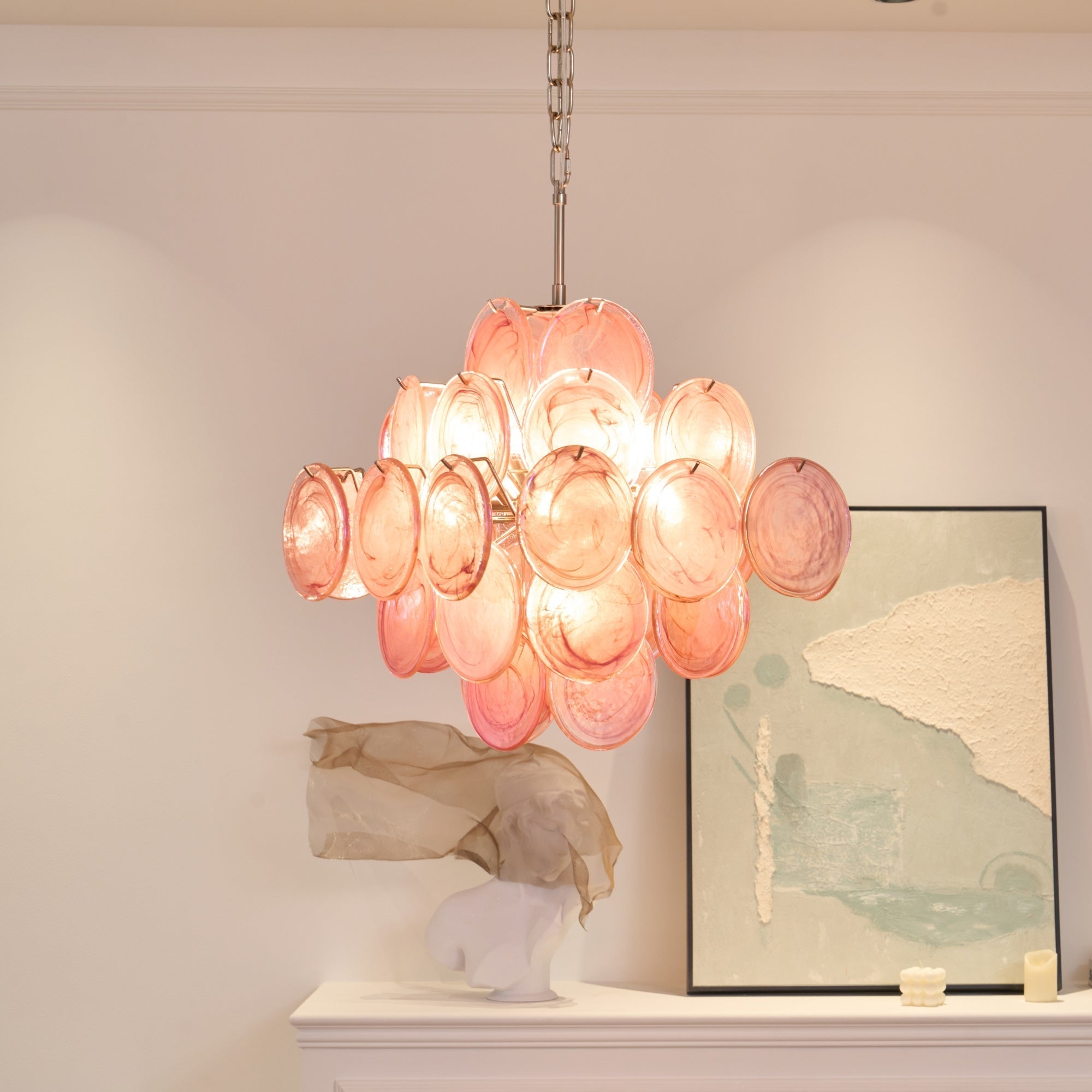Aurora Chandelier Pink Glass Disc Layered Romantic-Neutral Decor