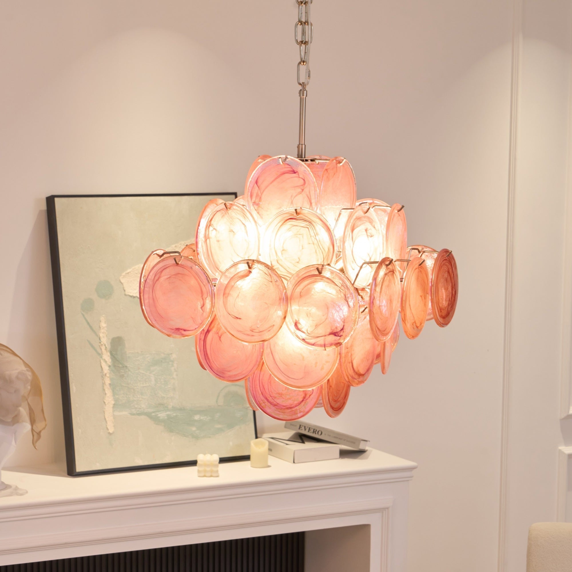 Aurora Chandelier Pink Glass Disc Layered Romantic-Neutral Decor