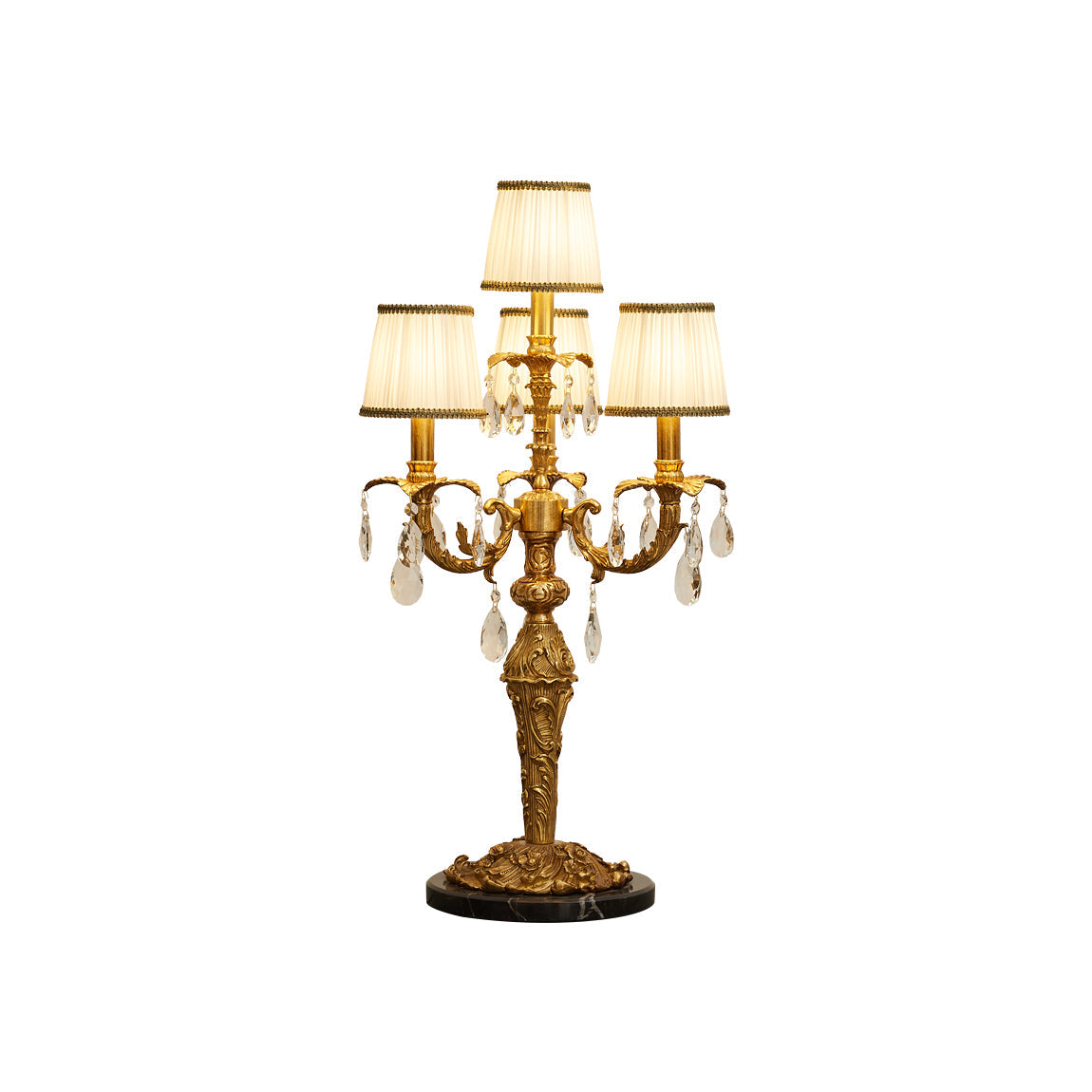 Aurelia Table Lamp with brass body and white fabric shades.