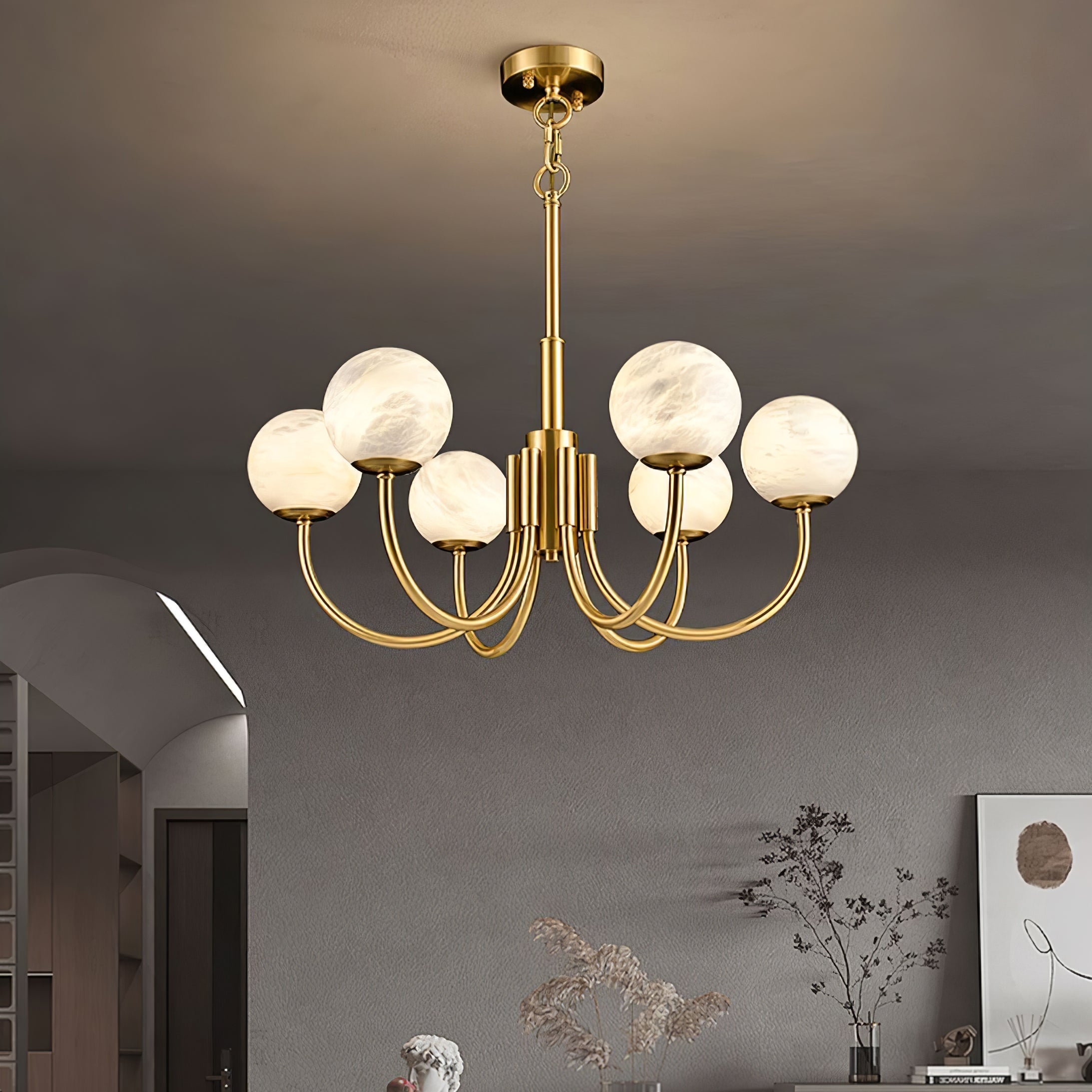 Mjolkuvys Modern Minimalist Globe Brass Alabaster Chandelier