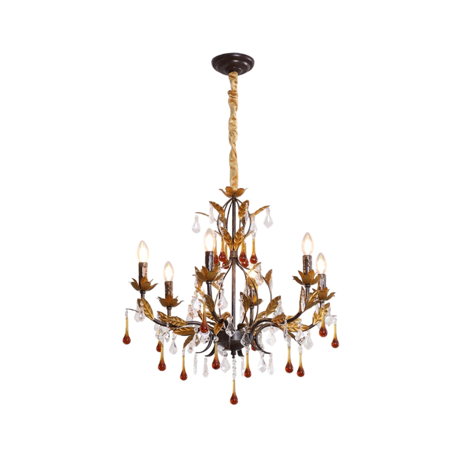 Aureline Chandelier with a gold vine-inspired design and amber crystal pendants.