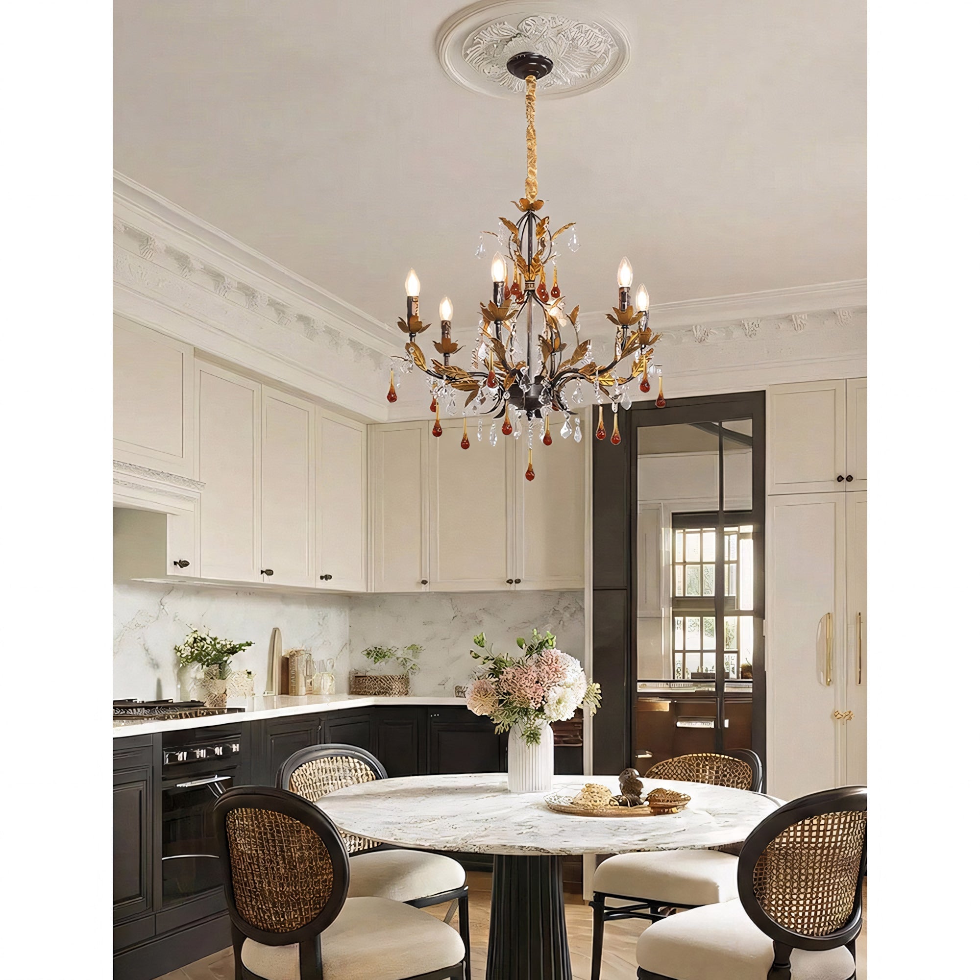 Angled shot displaying the depth and complexity of the Aureline Chandelier's design.