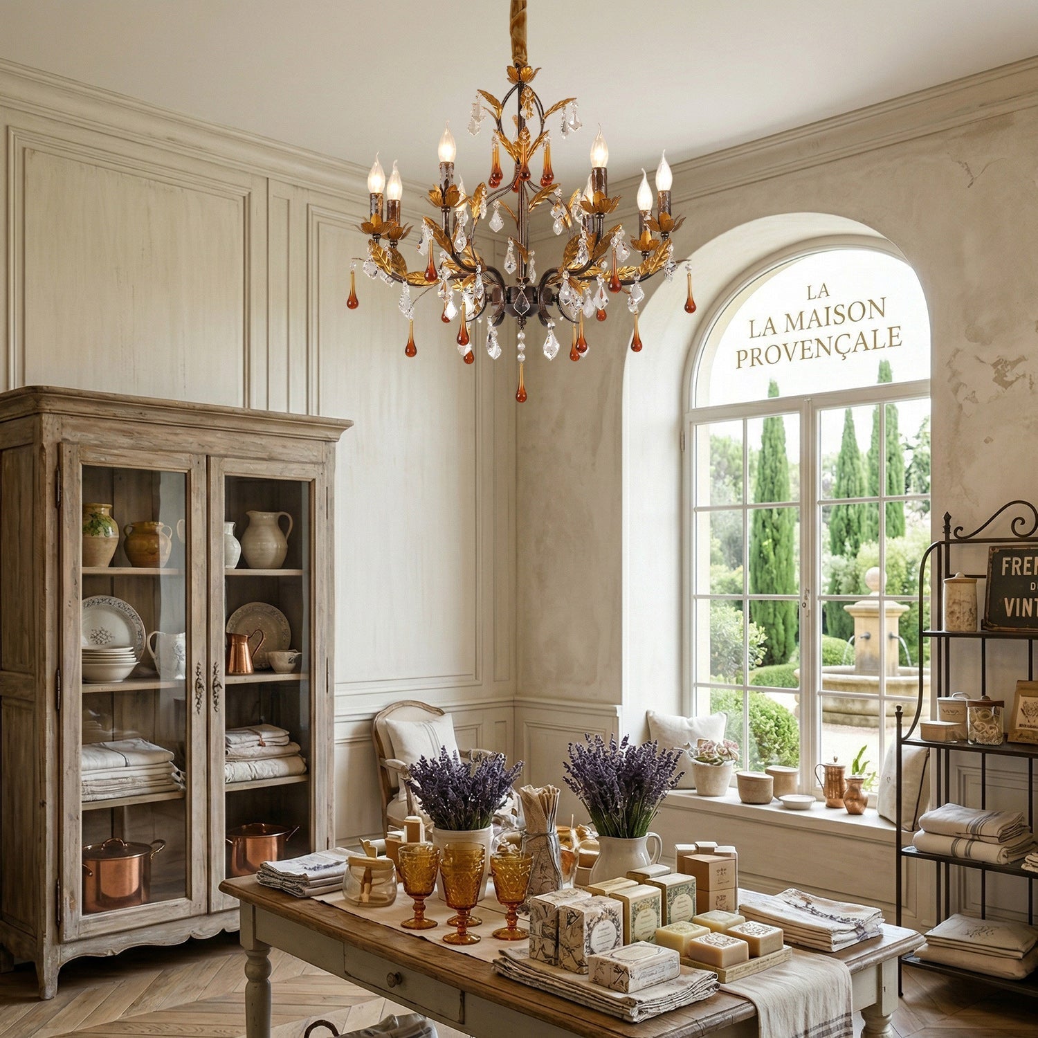 Side profile of the 8-head Aureline Chandelier, showcasing its height and width.