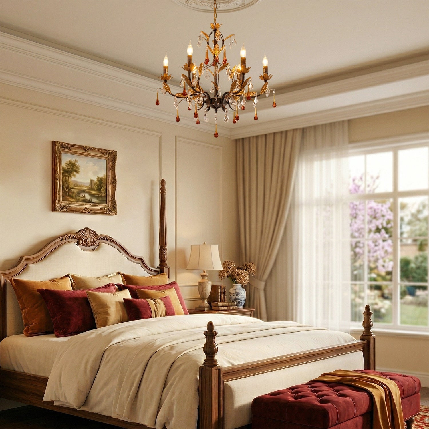 Aureline Chandelier installed over a dining table, creating an elegant atmosphere.