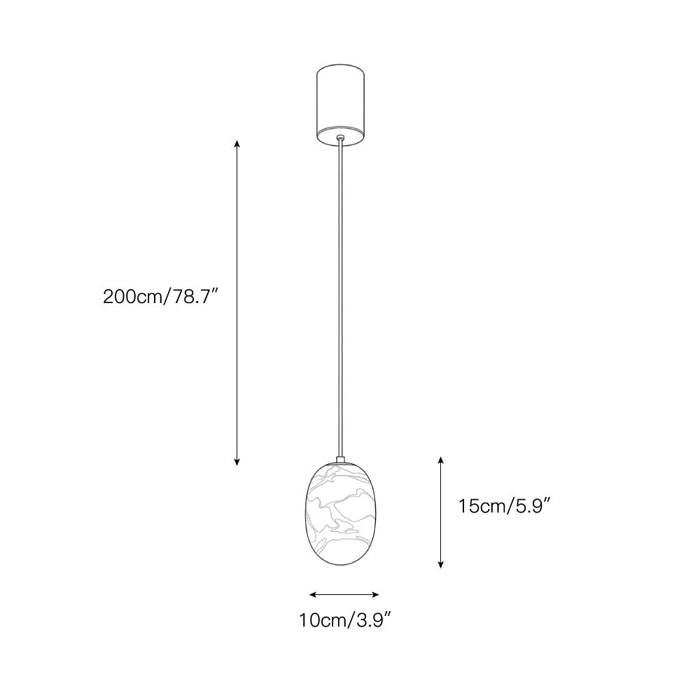 The pendant lamp illuminated, showing its warm, diffused glow.