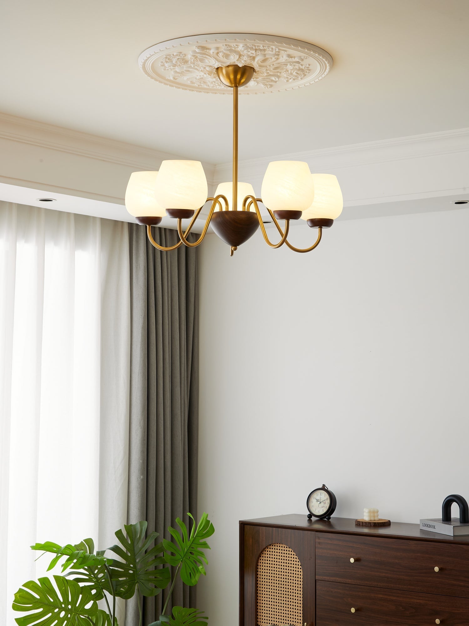 Sytheiel Premium Elegance Wood Glass Chandelier-Neutral Decor