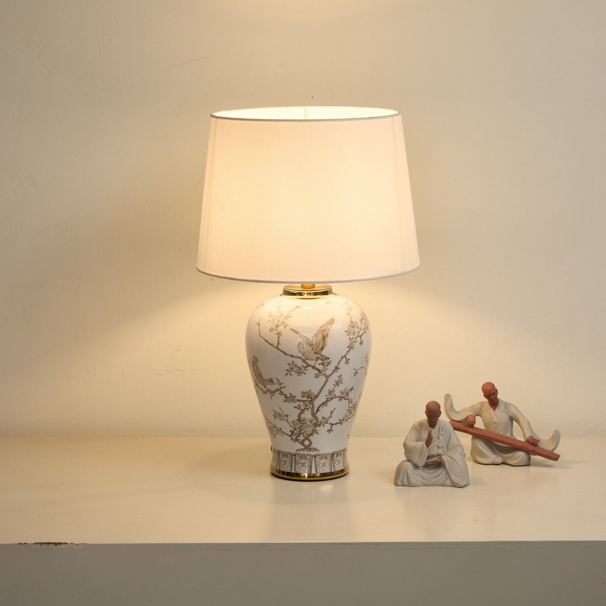 Avian Floral Ceramic Table Lamp-Neutral Decor