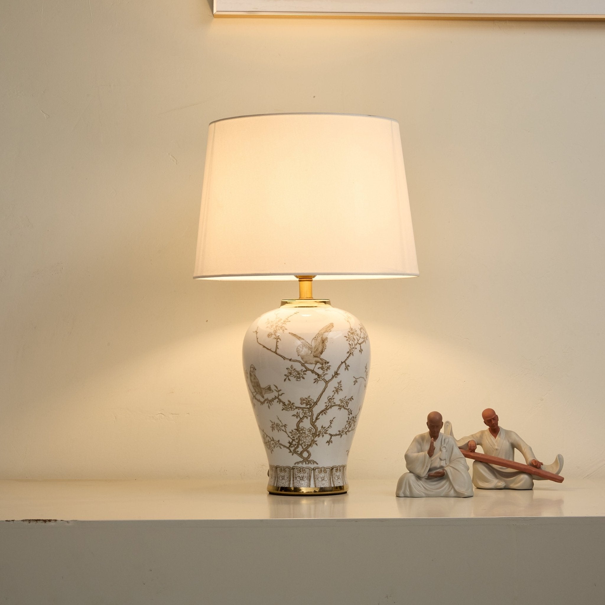 Avian Floral Ceramic Table Lamp-Neutral Decor