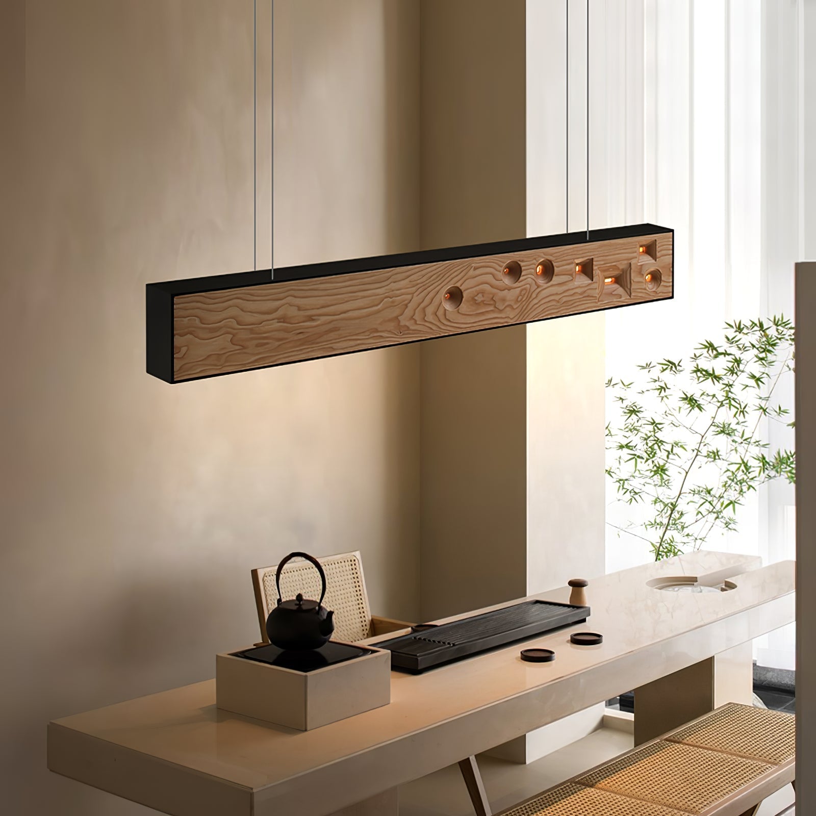 Lustra Pendant Light Wood Gemstone Linear LED-Neutral Decor