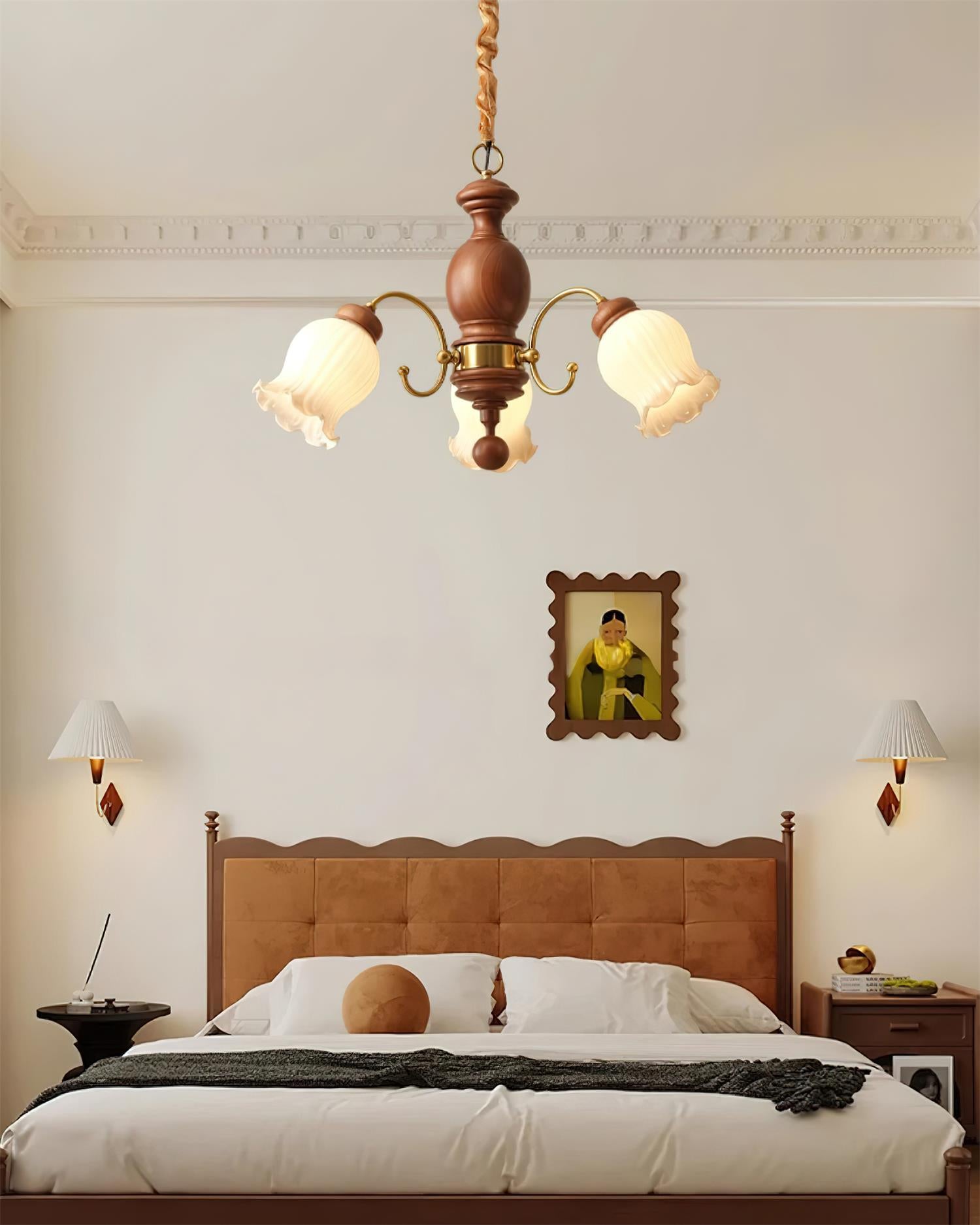 Chandelier Tulip Glass Shades Walnut Wood Frame Rustic