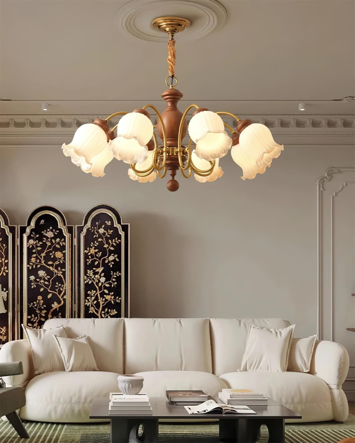 Chandelier Tulip Glass Shades Walnut Wood Frame Rustic