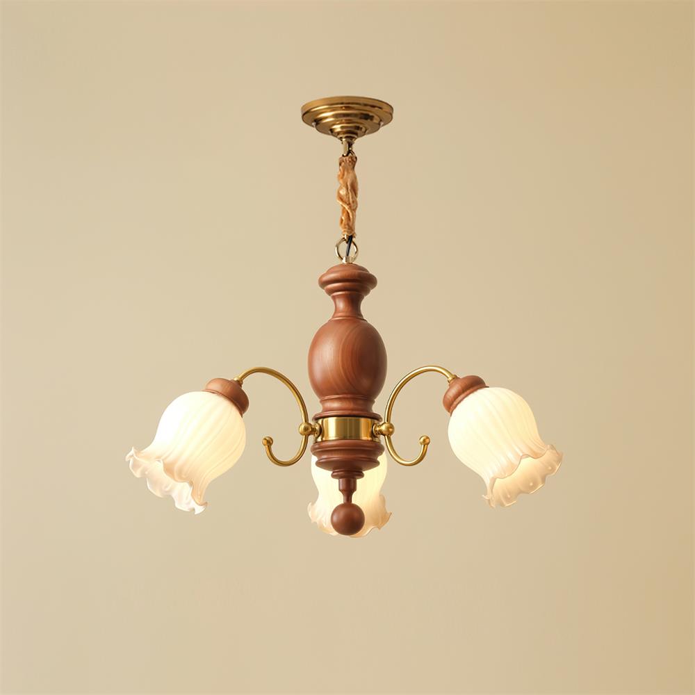 Chandelier Tulip Glass Shades Walnut Wood Frame Rustic