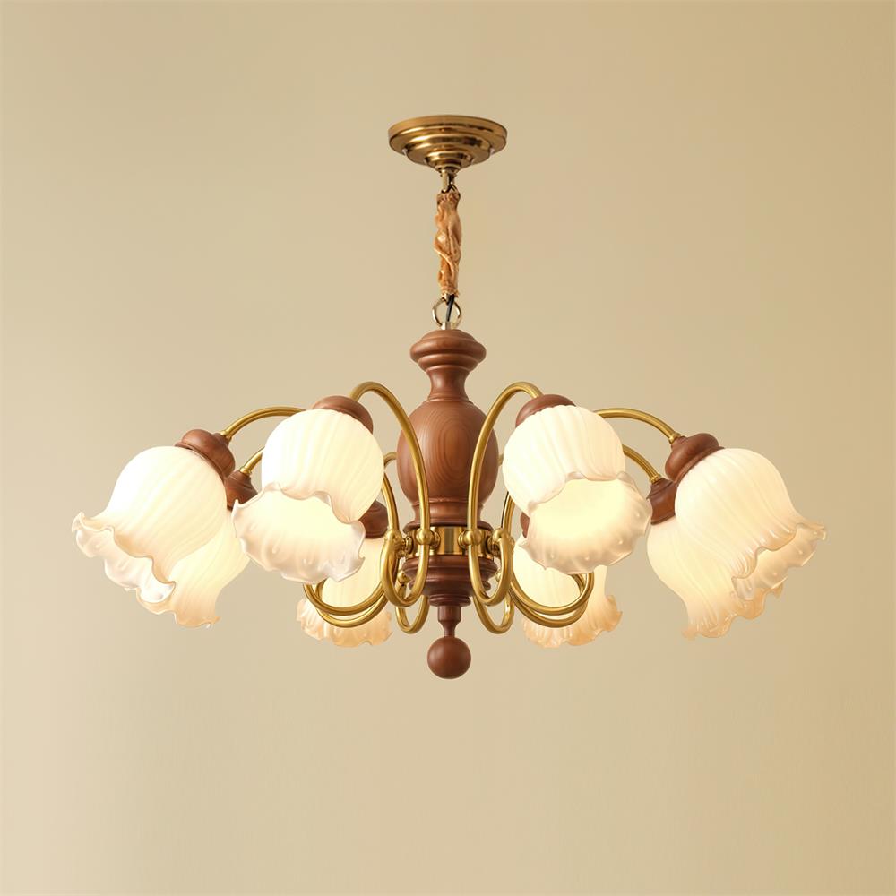 Chandelier Tulip Glass Shades Walnut Wood Frame Rustic