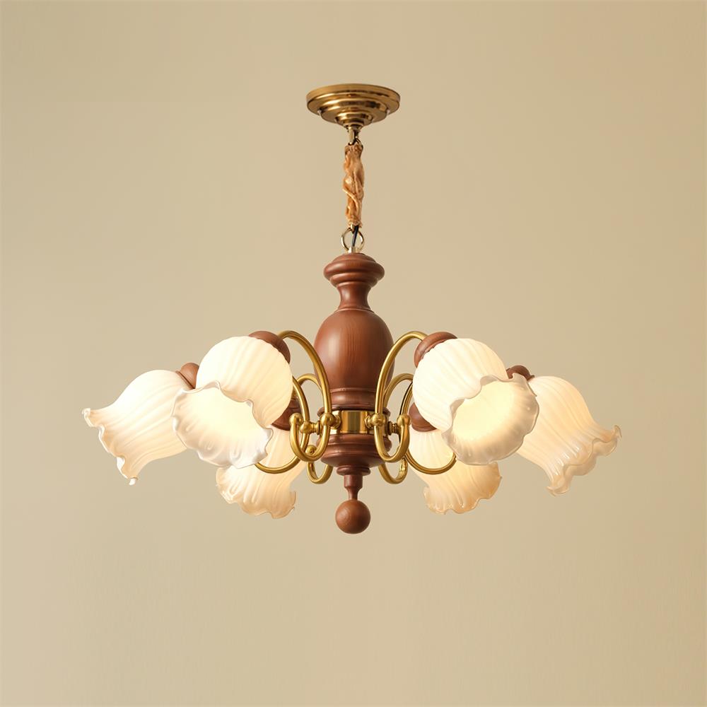 Chandelier Tulip Glass Shades Walnut Wood Frame Rustic