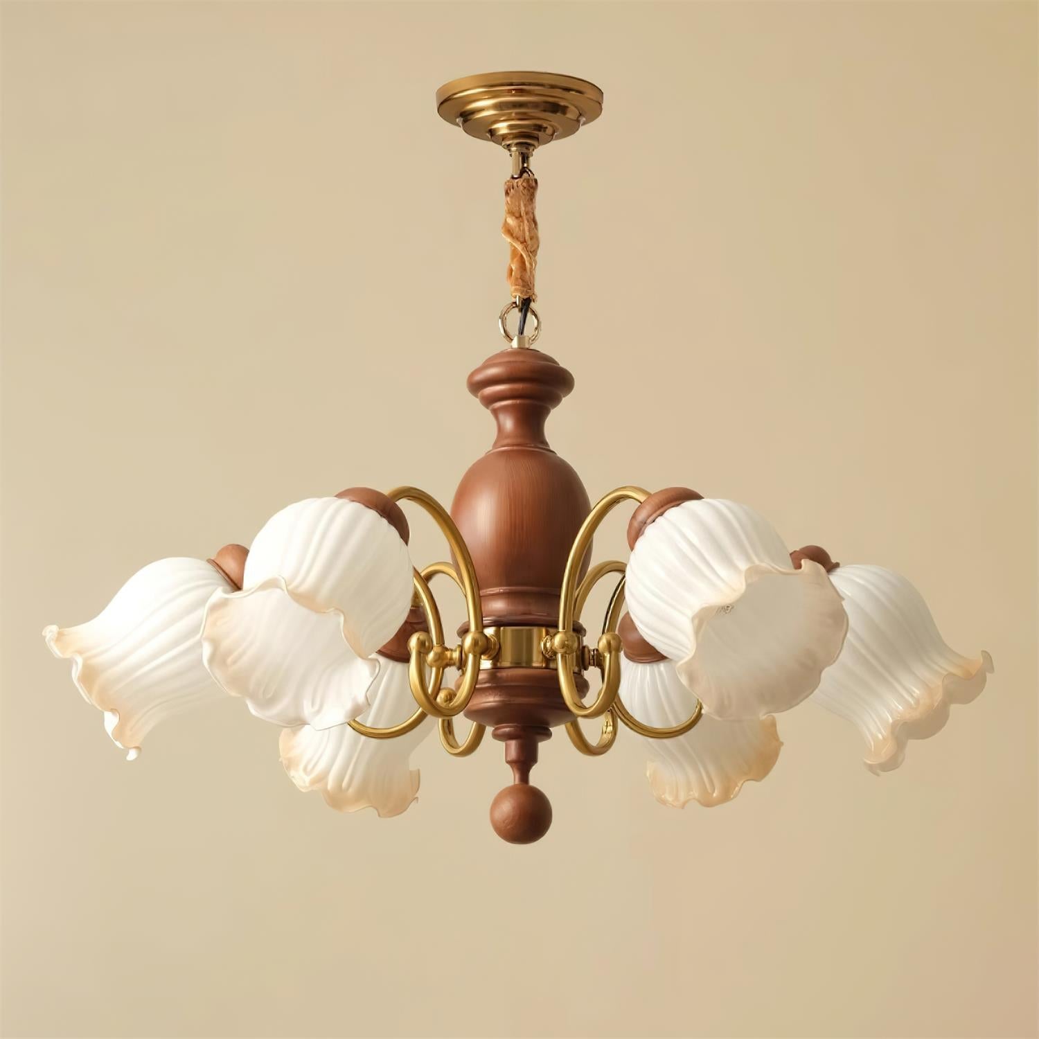 Chandelier Tulip Glass Shades Walnut Wood Frame Rustic