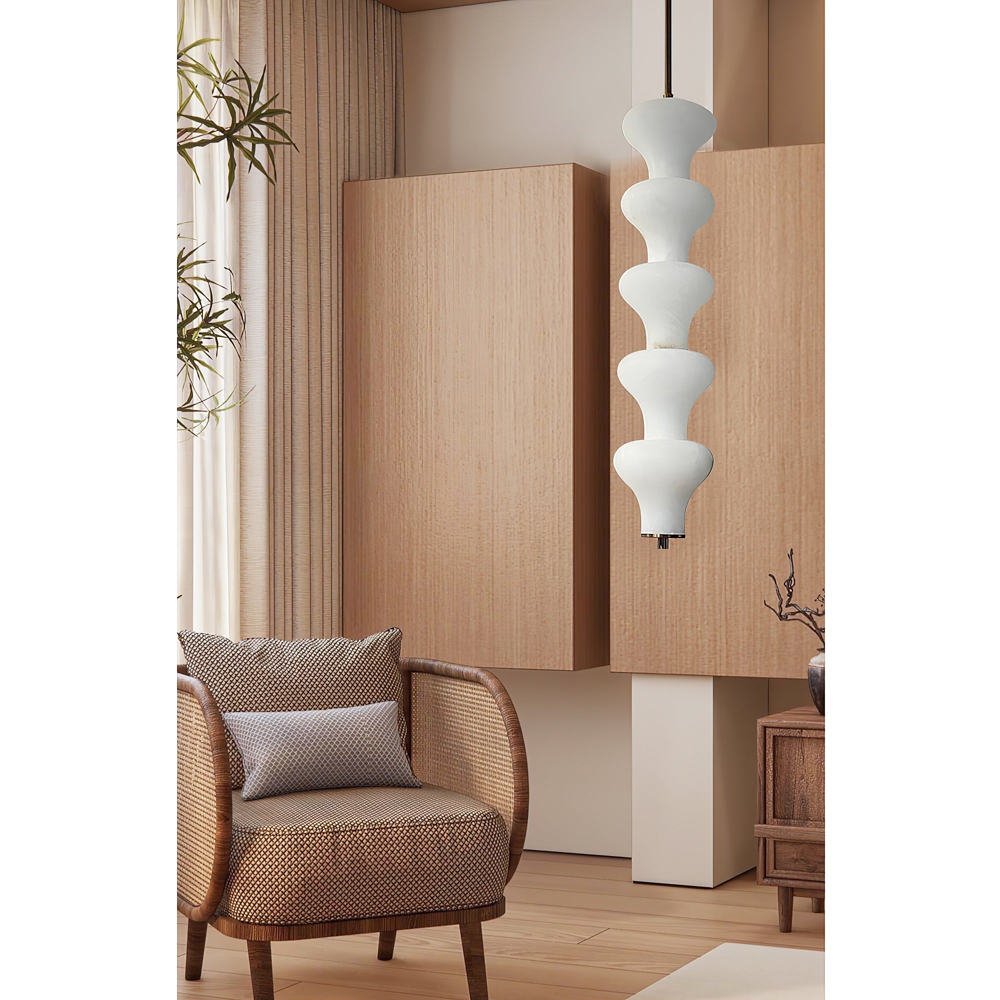 Low-angle view of the Balandres pendant, highlighting its sleek form.