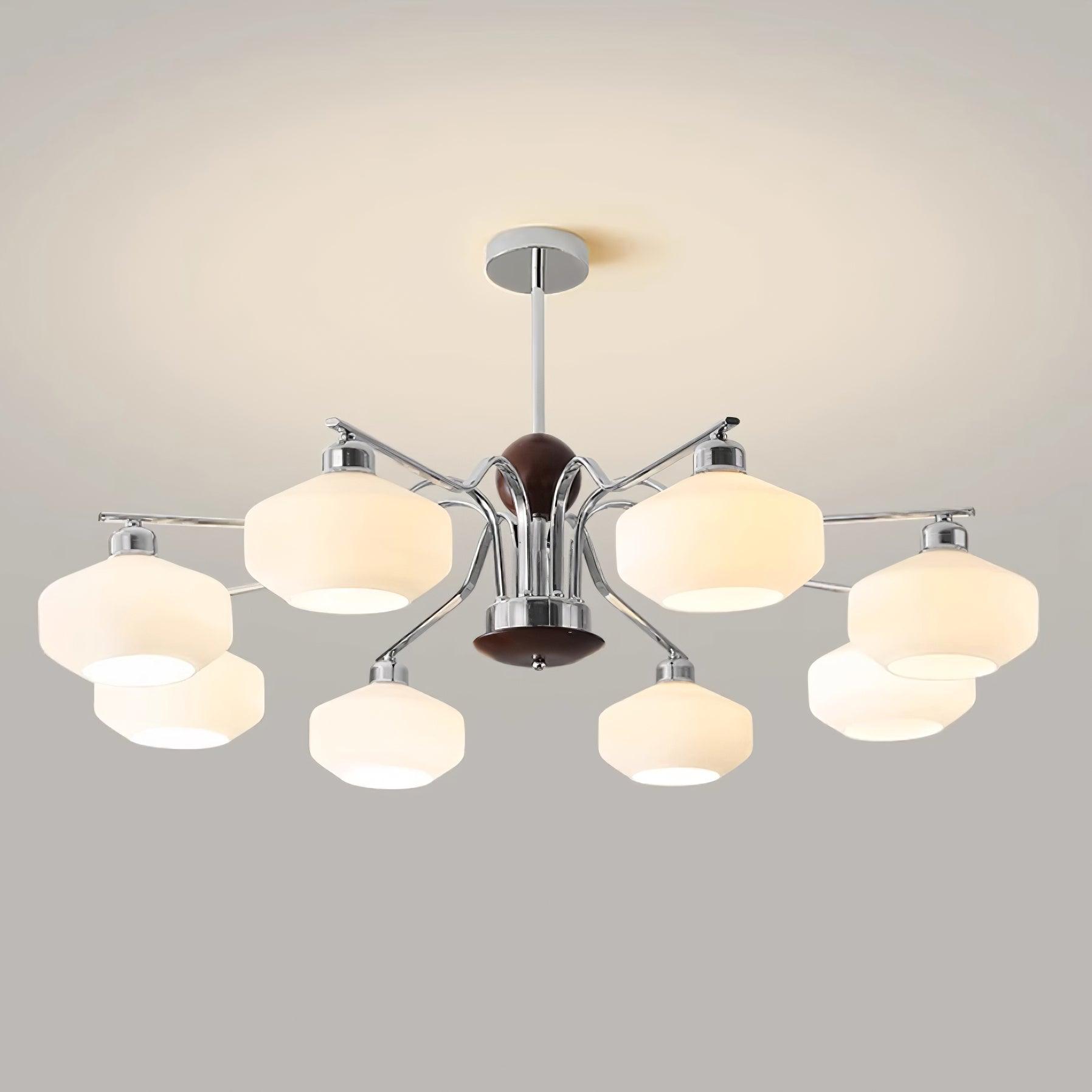 Chandelier White Glass Shades Chrome Walnut Arms Retro