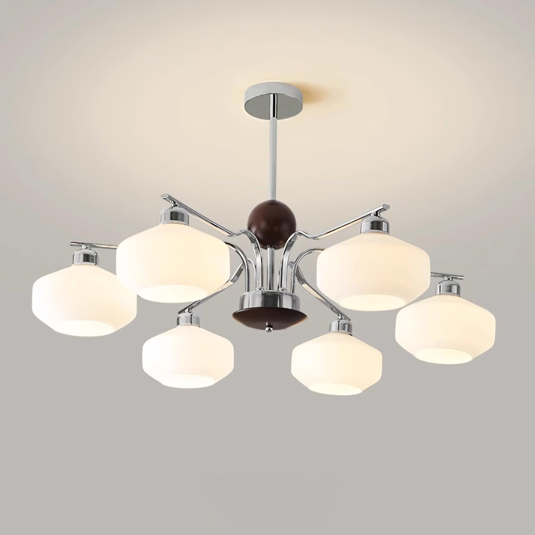 Chandelier White Glass Shades Chrome Walnut Arms Retro