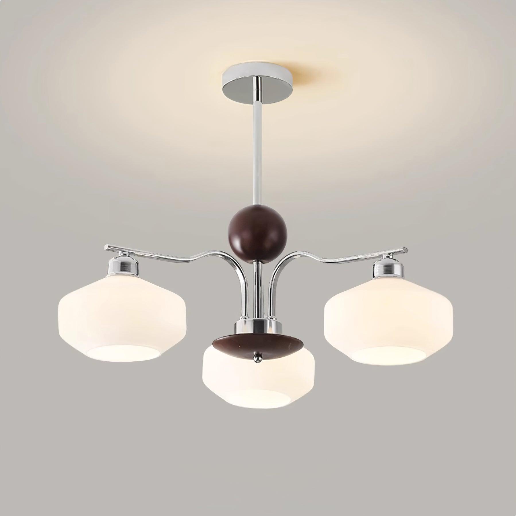 Chandelier White Glass Shades Chrome Walnut Arms Retro