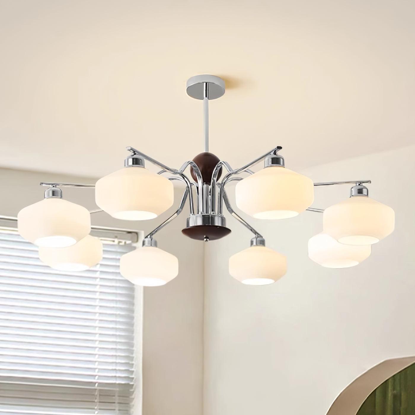 Chandelier White Glass Shades Chrome Walnut Arms Retro