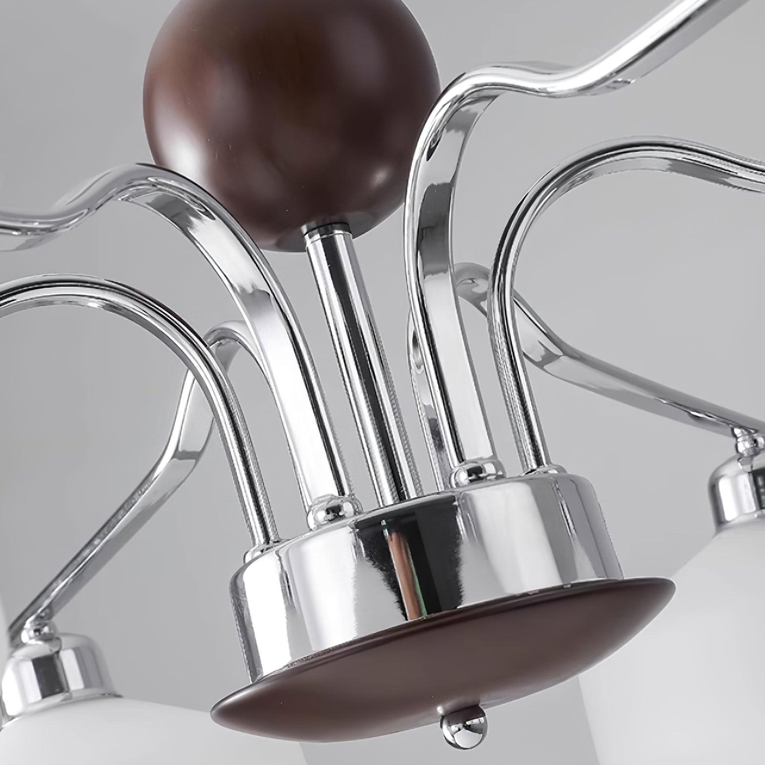 Chandelier White Glass Shades Chrome Walnut Arms Retro