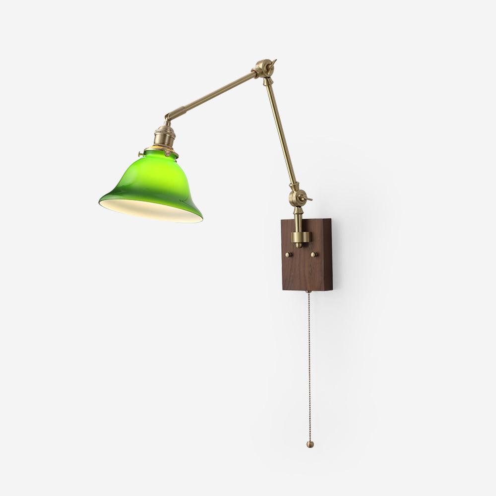 Velra Wall Lamp Brass and Glass Shade Walnut Wood Base Adjustable Arm Vintage-Neutral Decor