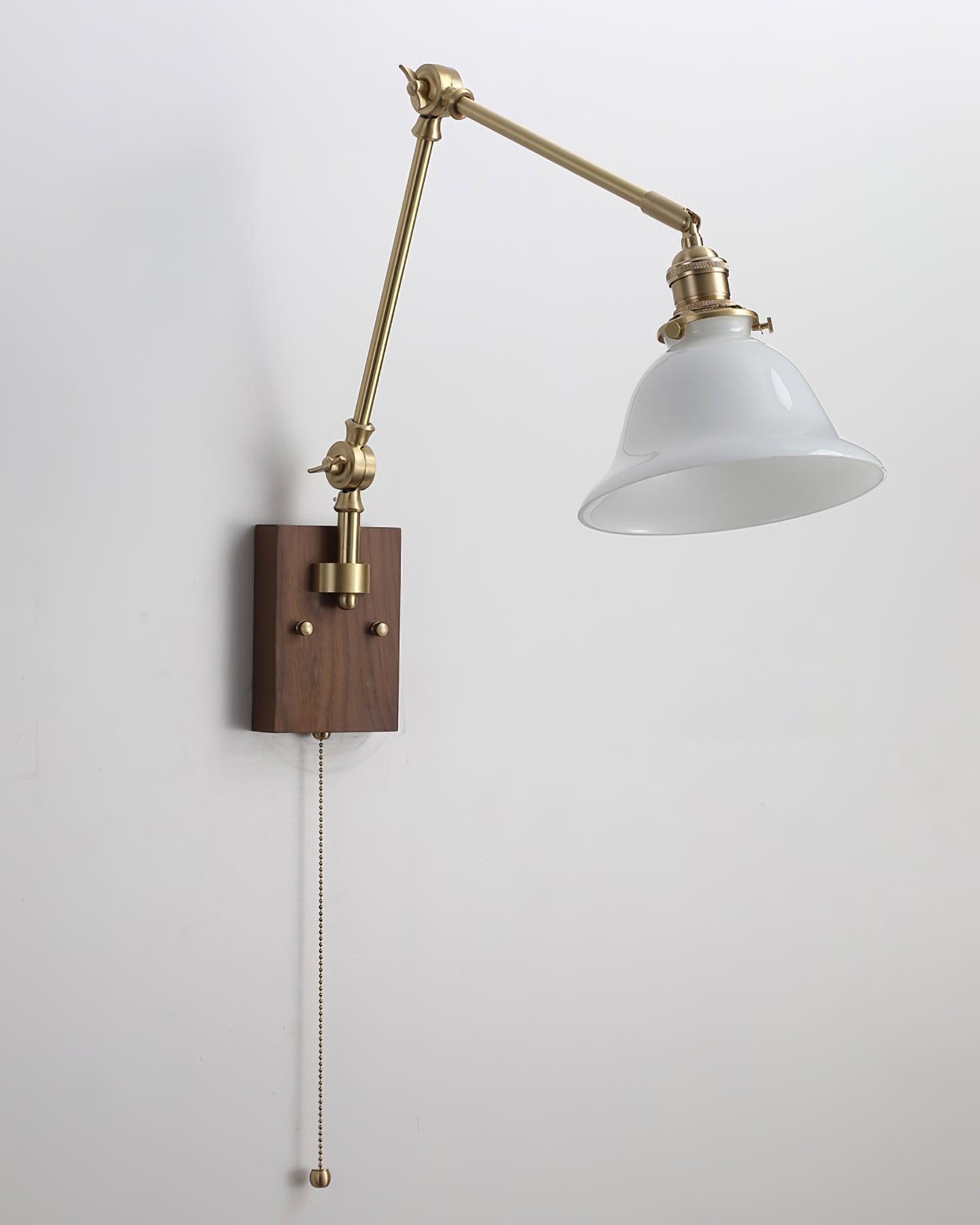 Velra Wall Lamp Brass and Glass Shade Walnut Wood Base Adjustable Arm Vintage-Neutral Decor