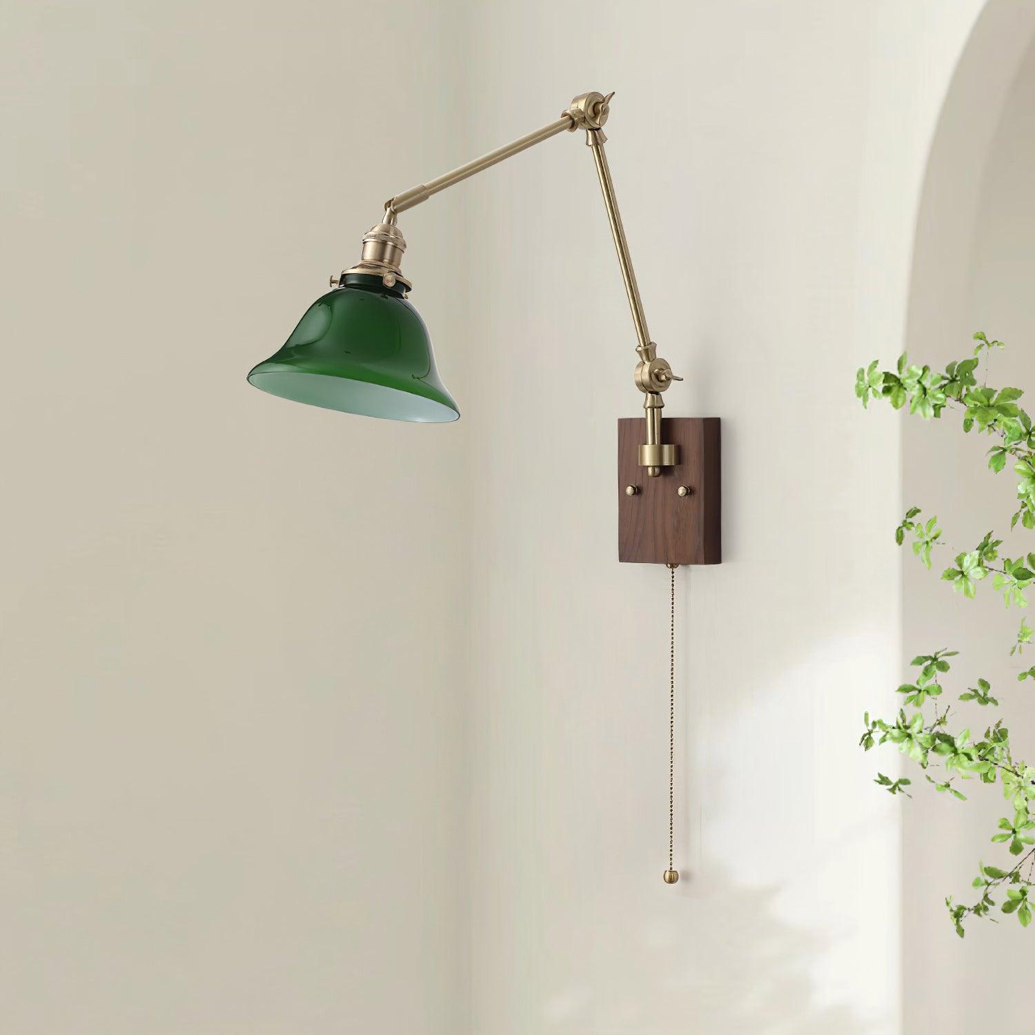 Wall Lamp Brass and Glass Shade Walnut Wood Base Adjustable Arm Vintage