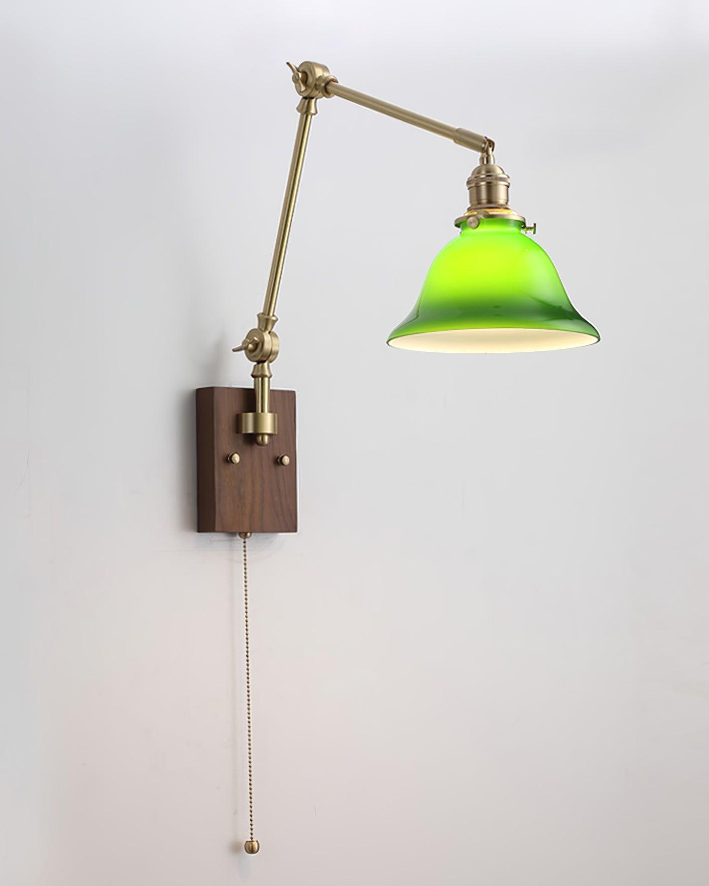 Velra Wall Lamp Brass and Glass Shade Walnut Wood Base Adjustable Arm Vintage-Neutral Decor