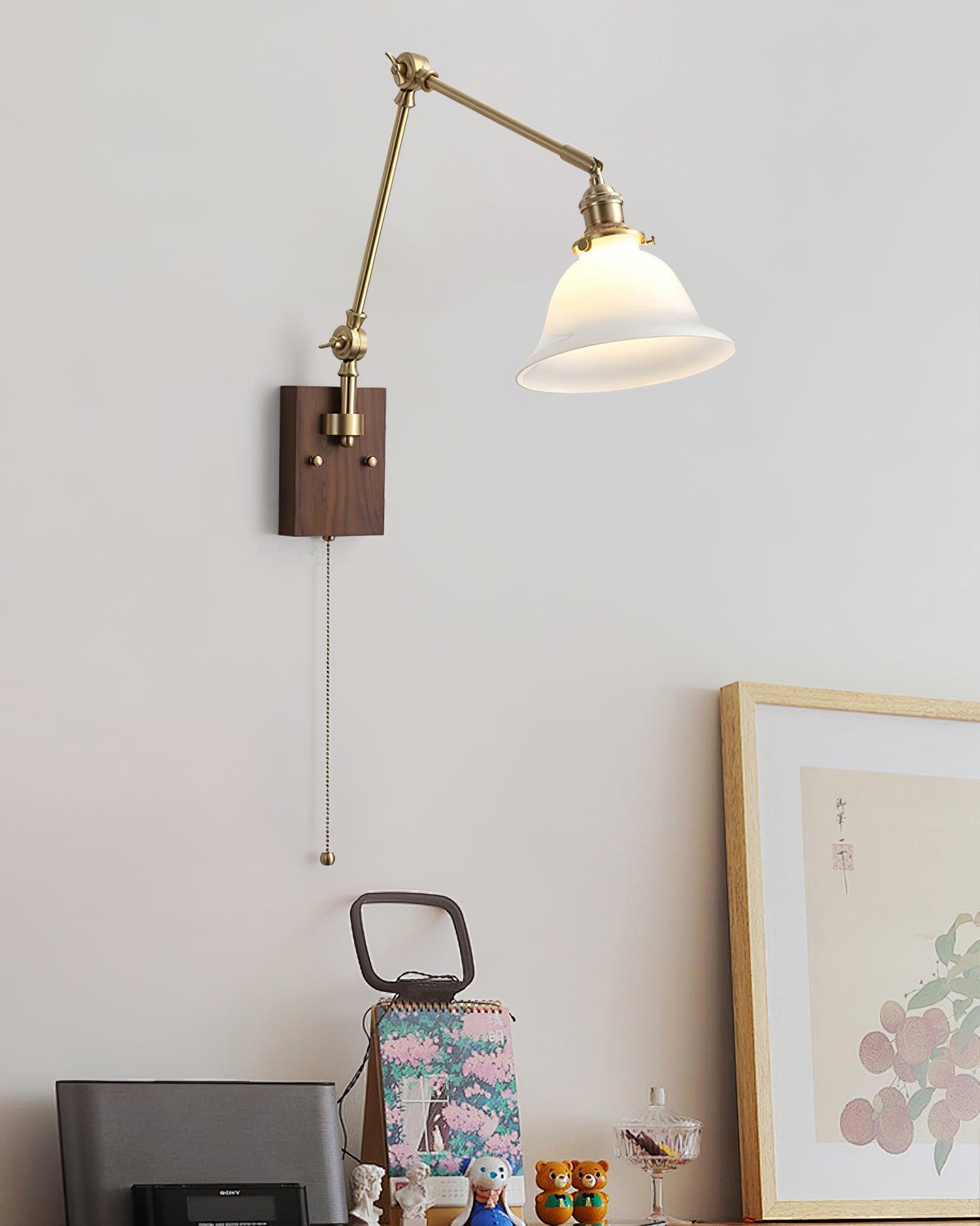 Velra Wall Lamp Brass and Glass Shade Walnut Wood Base Adjustable Arm Vintage-Neutral Decor