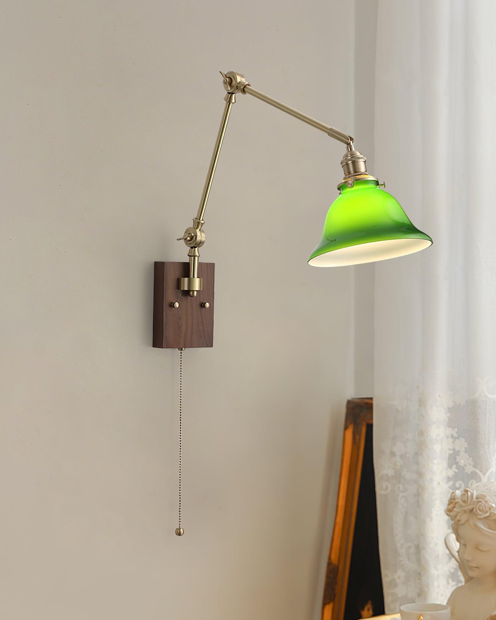 Velra Wall Lamp Brass and Glass Shade Walnut Wood Base Adjustable Arm Vintage-Neutral Decor