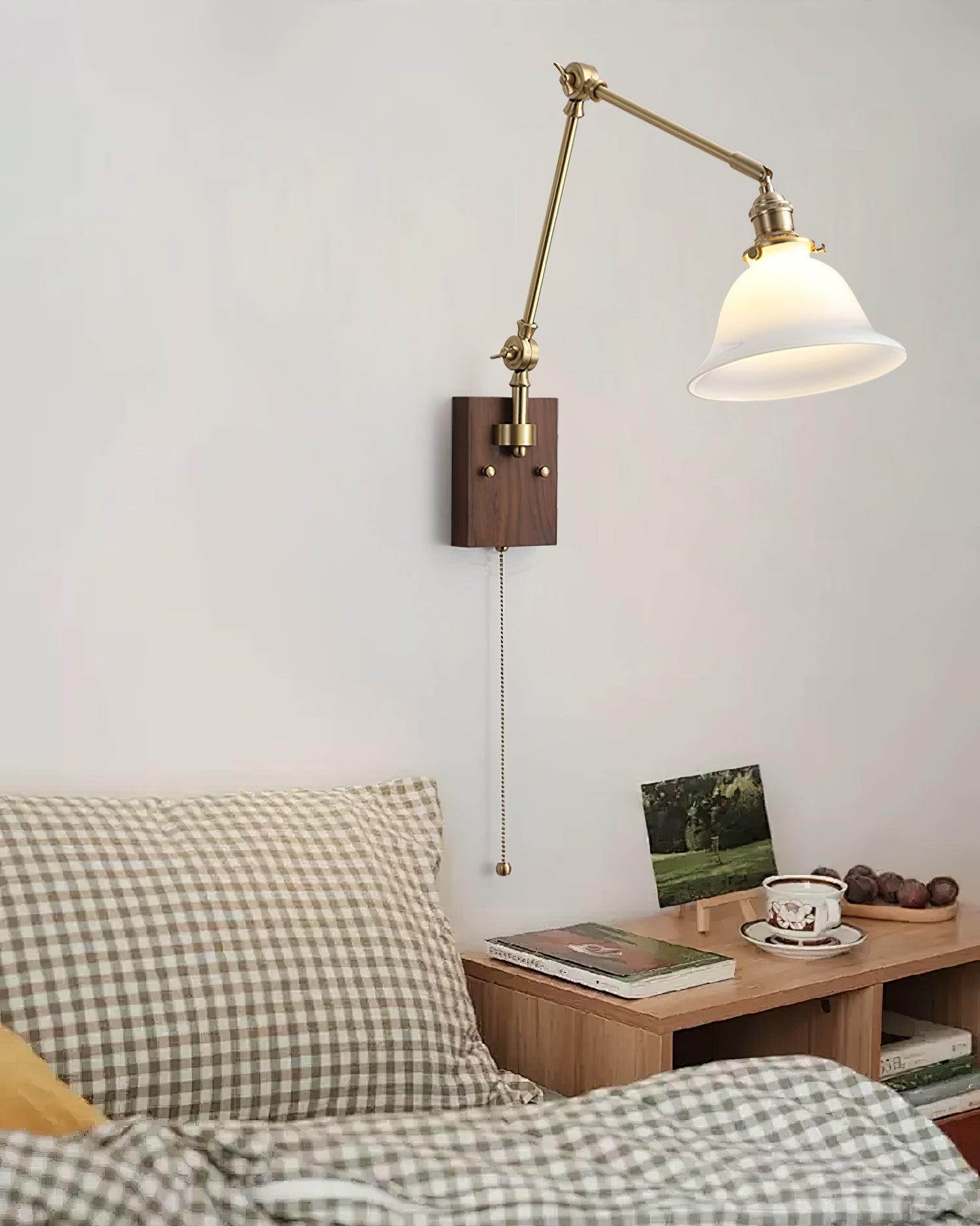 Velra Wall Lamp Brass and Glass Shade Walnut Wood Base Adjustable Arm Vintage-Neutral Decor
