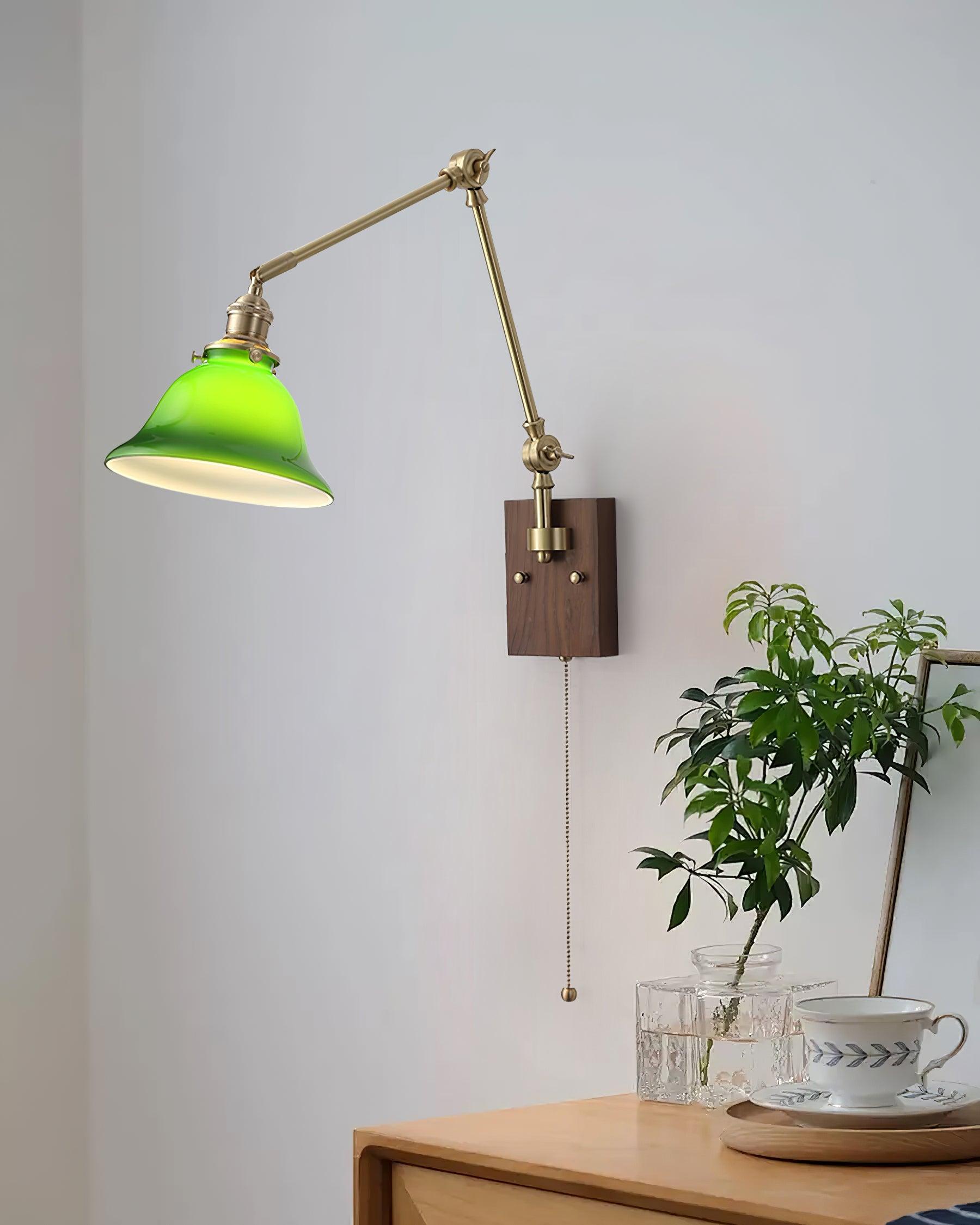 Velra Wall Lamp Brass and Glass Shade Walnut Wood Base Adjustable Arm Vintage-Neutral Decor