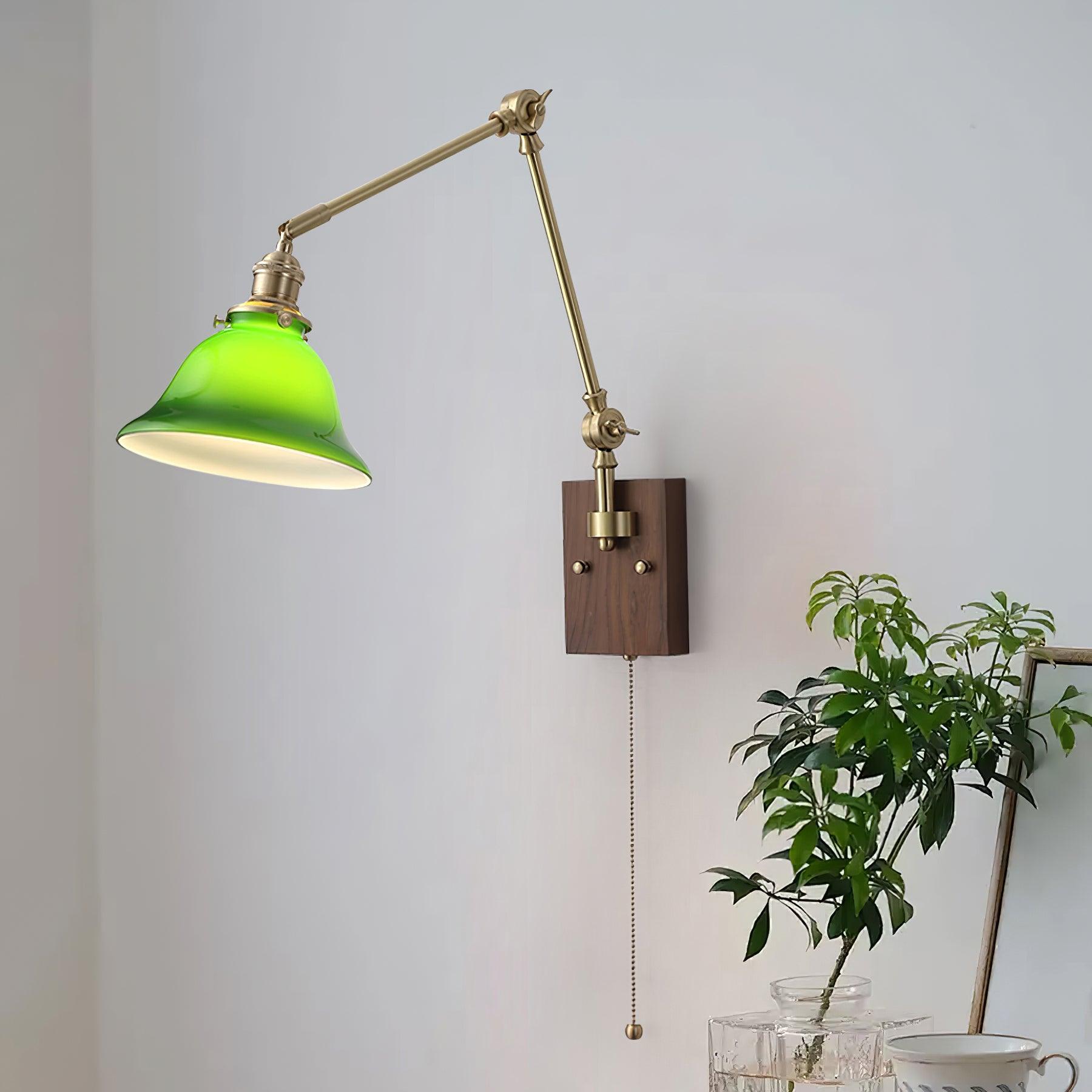 Velra Wall Lamp Brass and Glass Shade Walnut Wood Base Adjustable Arm Vintage-Neutral Decor