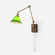 Velra Wall Lamp Brass and Glass Shade Walnut Wood Base Adjustable Arm Vintage-Neutral Decor