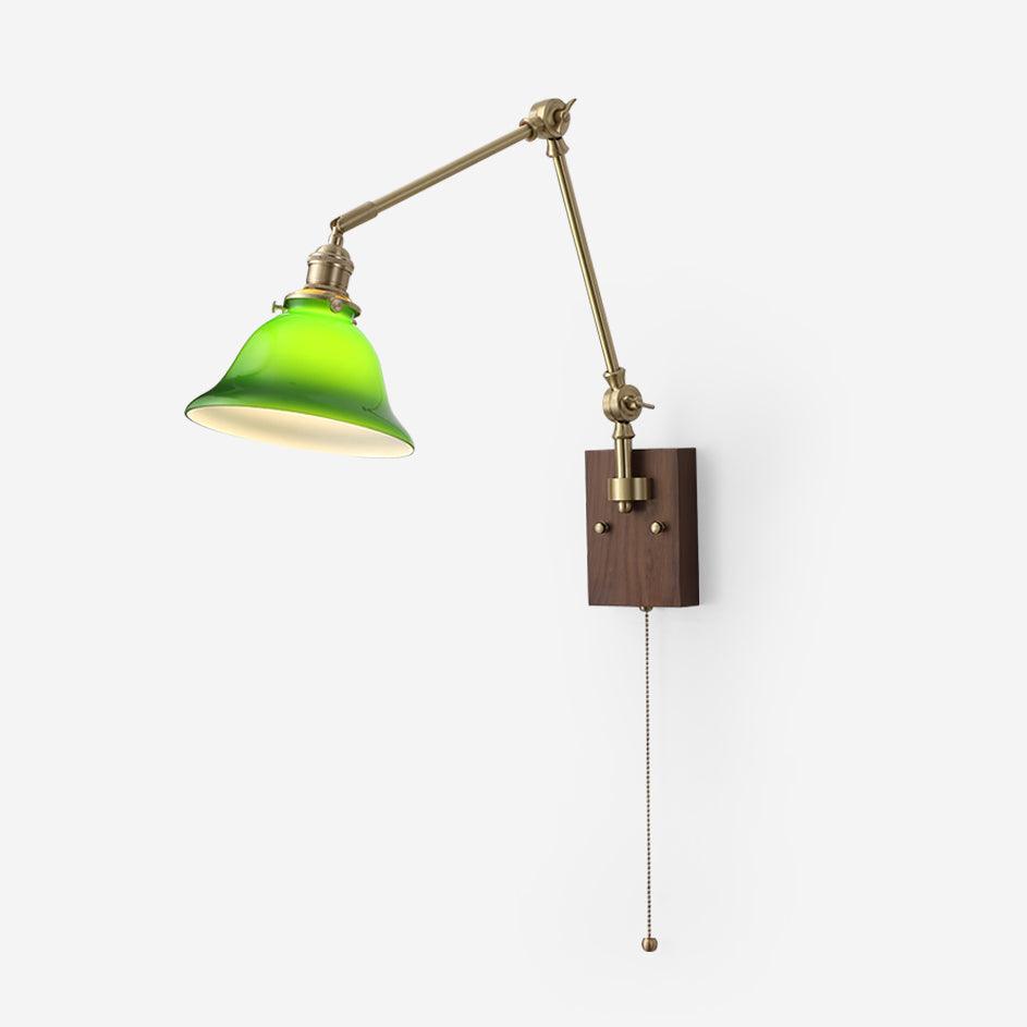Velra Wall Lamp Brass and Glass Shade Walnut Wood Base Adjustable Arm Vintage-Neutral Decor