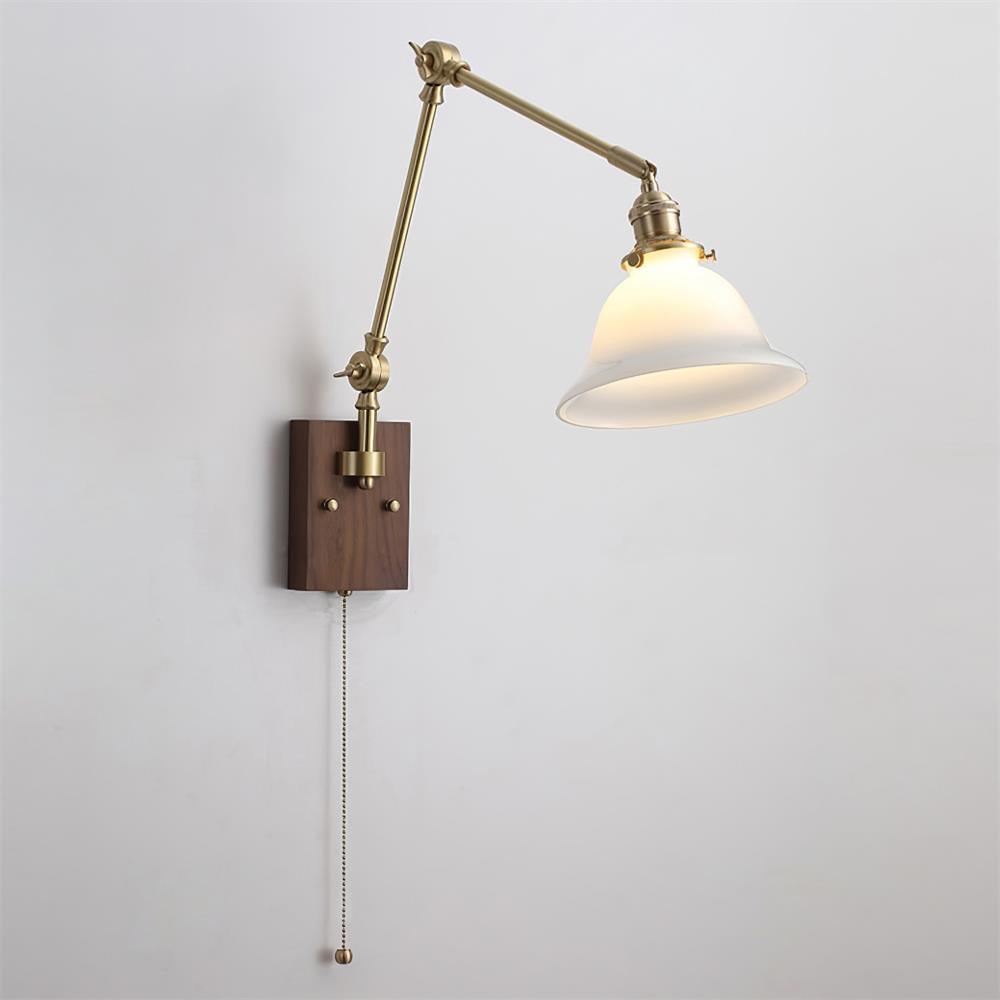 Velra Wall Lamp Brass and Glass Shade Walnut Wood Base Adjustable Arm Vintage-Neutral Decor