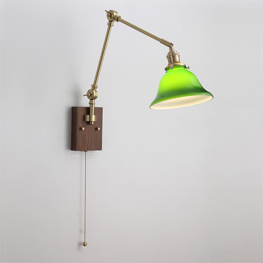 Velra Wall Lamp Brass and Glass Shade Walnut Wood Base Adjustable Arm Vintage-Neutral Decor