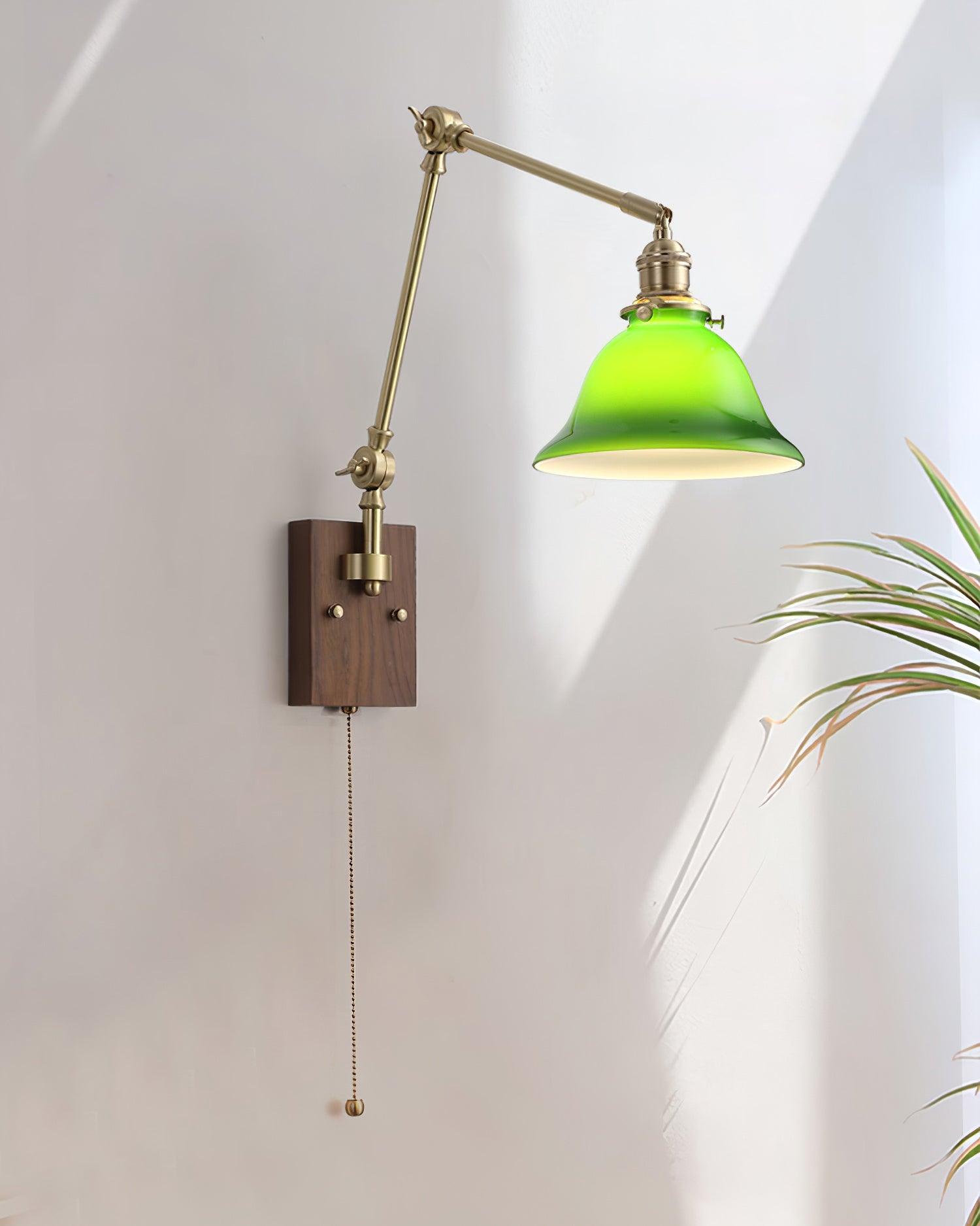 Velra Wall Lamp Brass and Glass Shade Walnut Wood Base Adjustable Arm Vintage-Neutral Decor