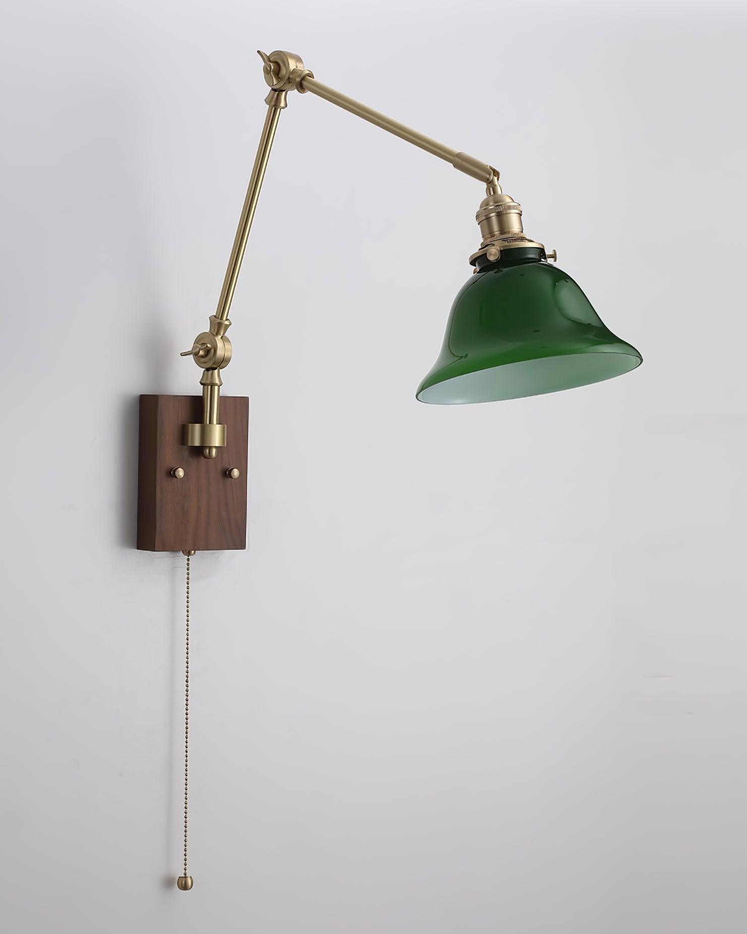 Velra Wall Lamp Brass and Glass Shade Walnut Wood Base Adjustable Arm Vintage-Neutral Decor