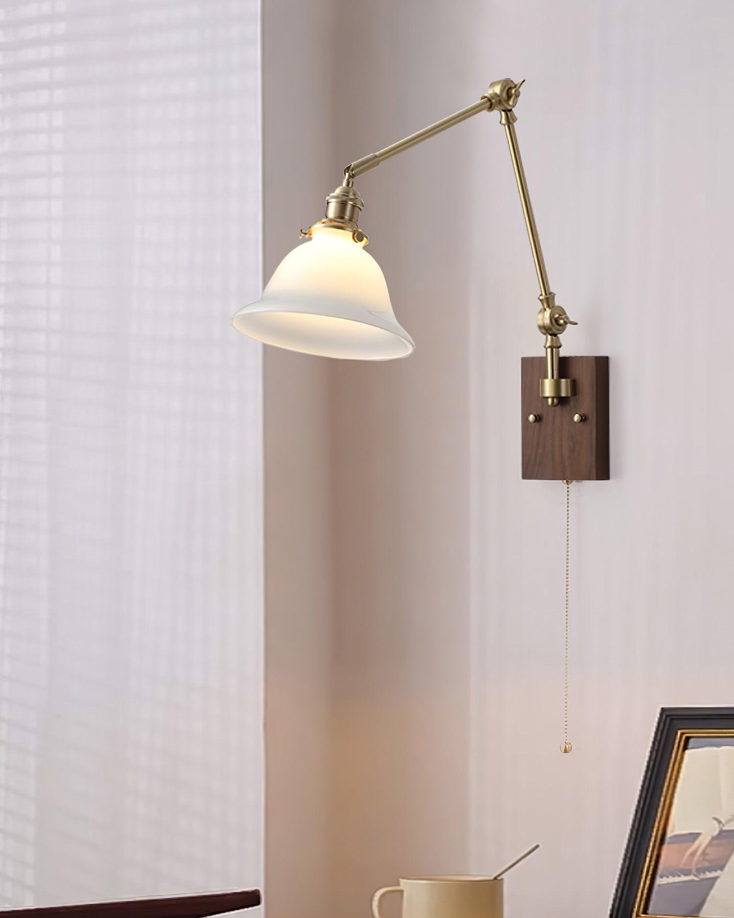 Velra Wall Lamp Brass and Glass Shade Walnut Wood Base Adjustable Arm Vintage-Neutral Decor