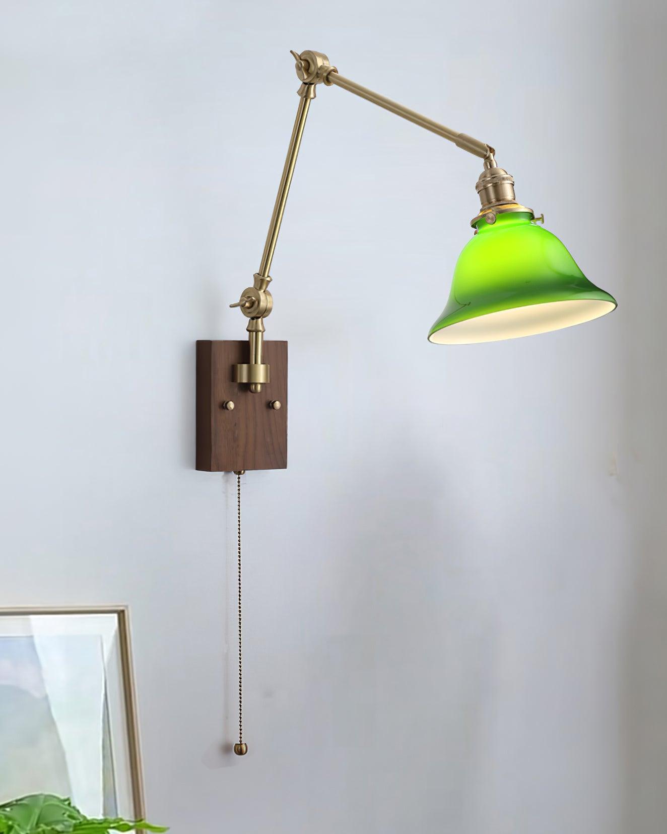 Velra Wall Lamp Brass and Glass Shade Walnut Wood Base Adjustable Arm Vintage-Neutral Decor