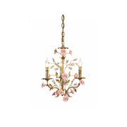 Bassano Chandelier with brass vines and pink ceramic roses, shown against a neutral background.