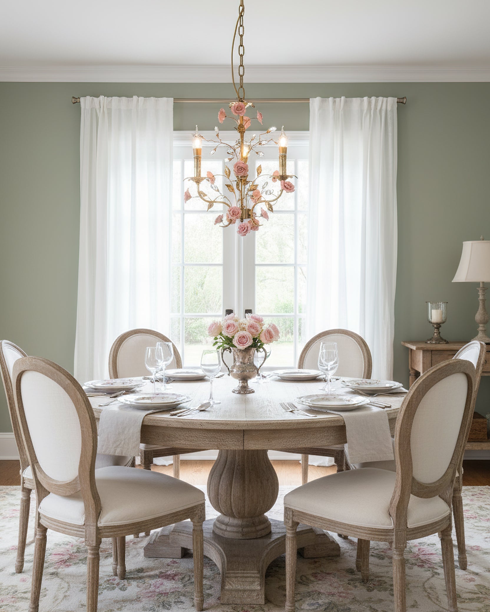 The three-light Bassano Chandelier hanging from its chain.