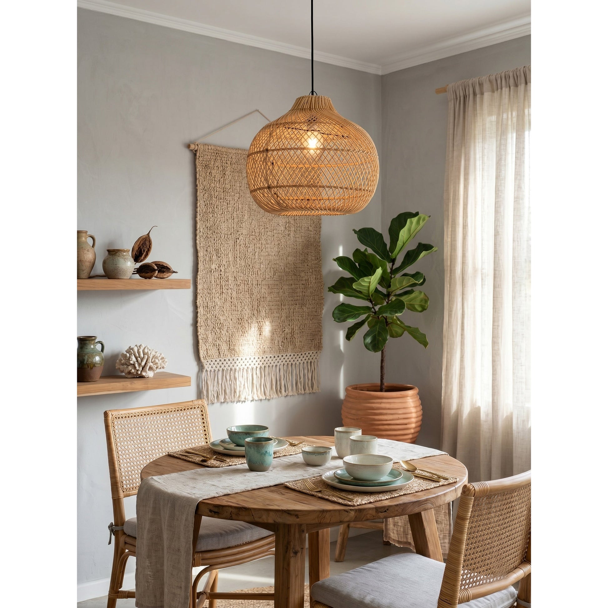 Another angle of the Bawang lamp over a wooden dining table.