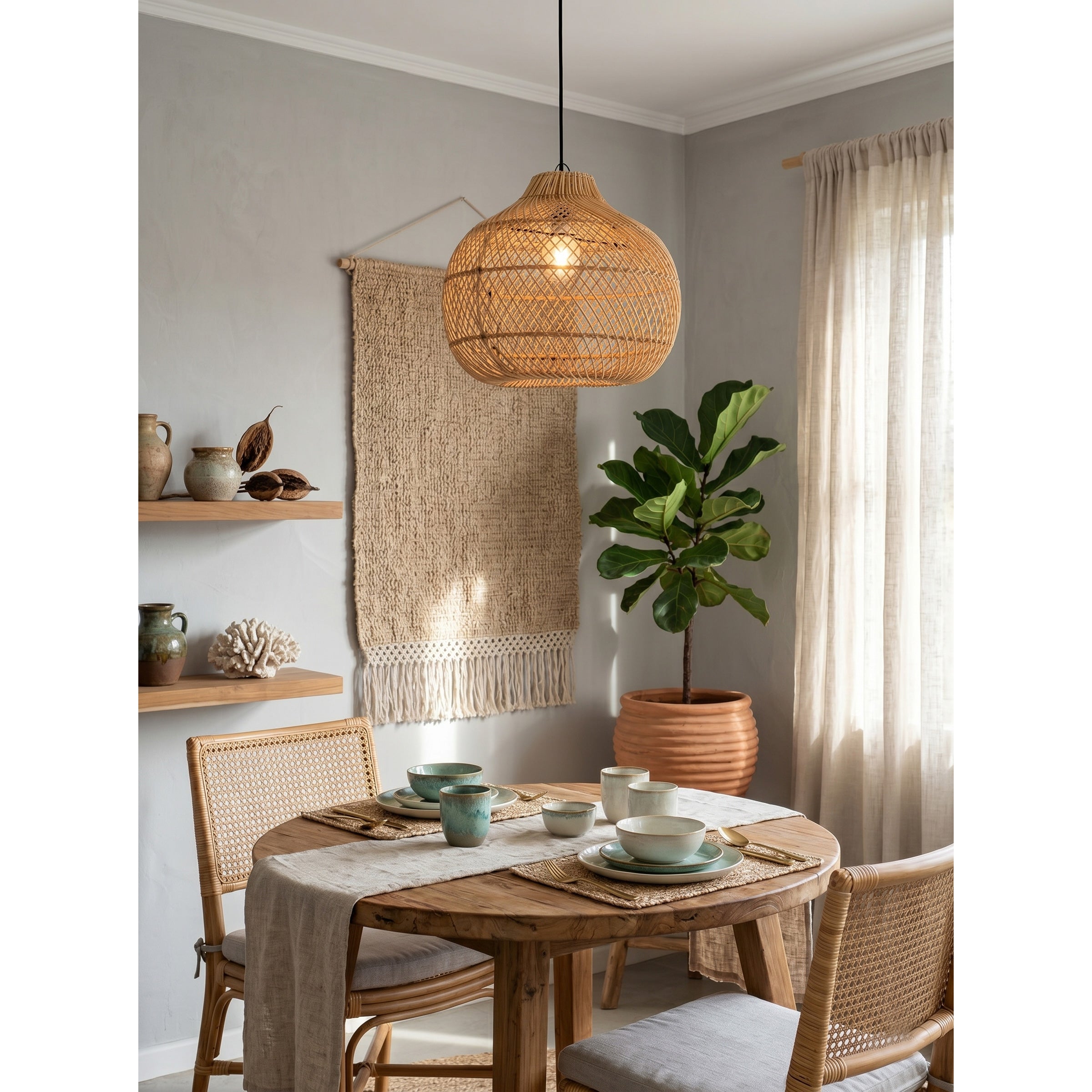 Another angle of the Bawang lamp over a wooden dining table.