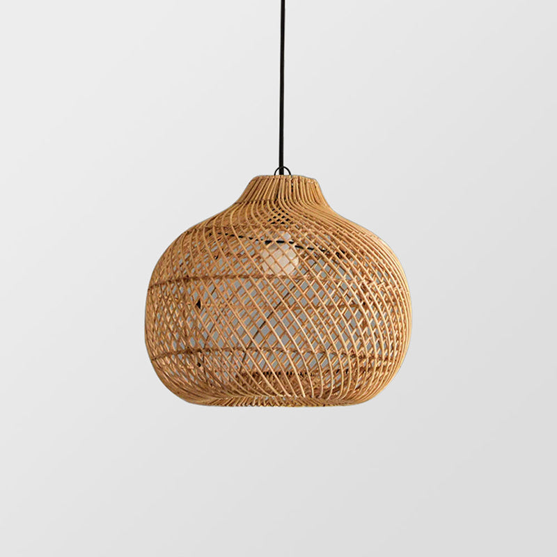 Detail shot of the teardrop lattice-weave wicker shade.